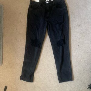 Black Denim Ultra High Rise Mom Jeans, ripped knees